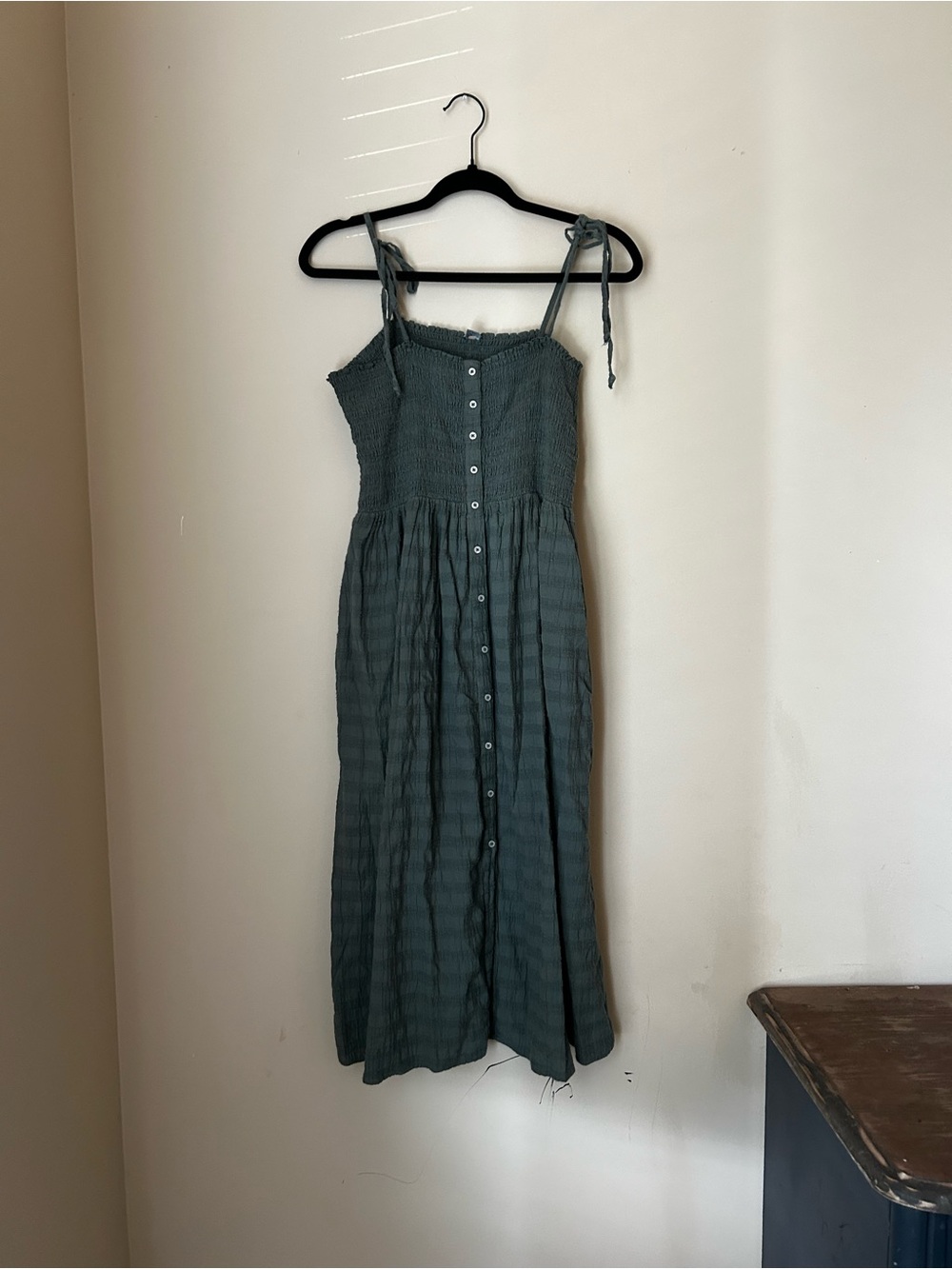 aerie Smocked Button-Front Midi Dress in Teal Green